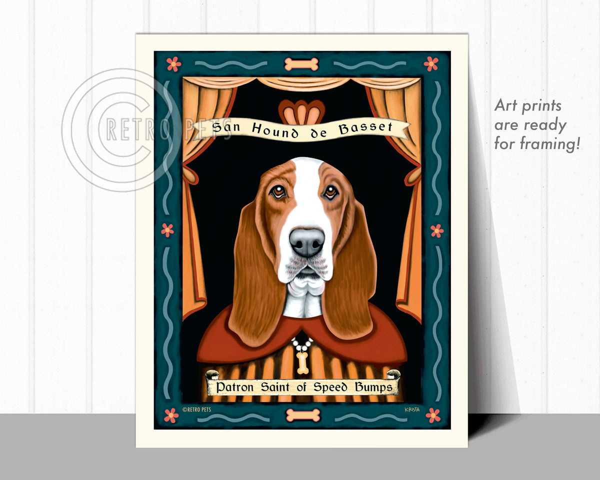 Basset Hound Art "Patron Saint of Speed Bumps" Art Print by Krista Brooks