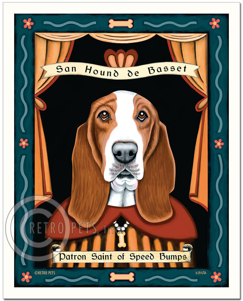 Basset Hound Art "Patron Saint of Speed Bumps" Art Print by Krista Brooks