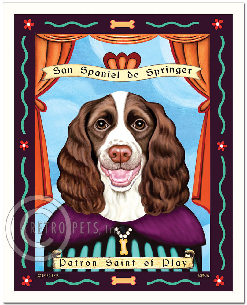 Springer Spaniel Art - Liver & White "Patron Saint of Play" Art Print by Krista Brooks