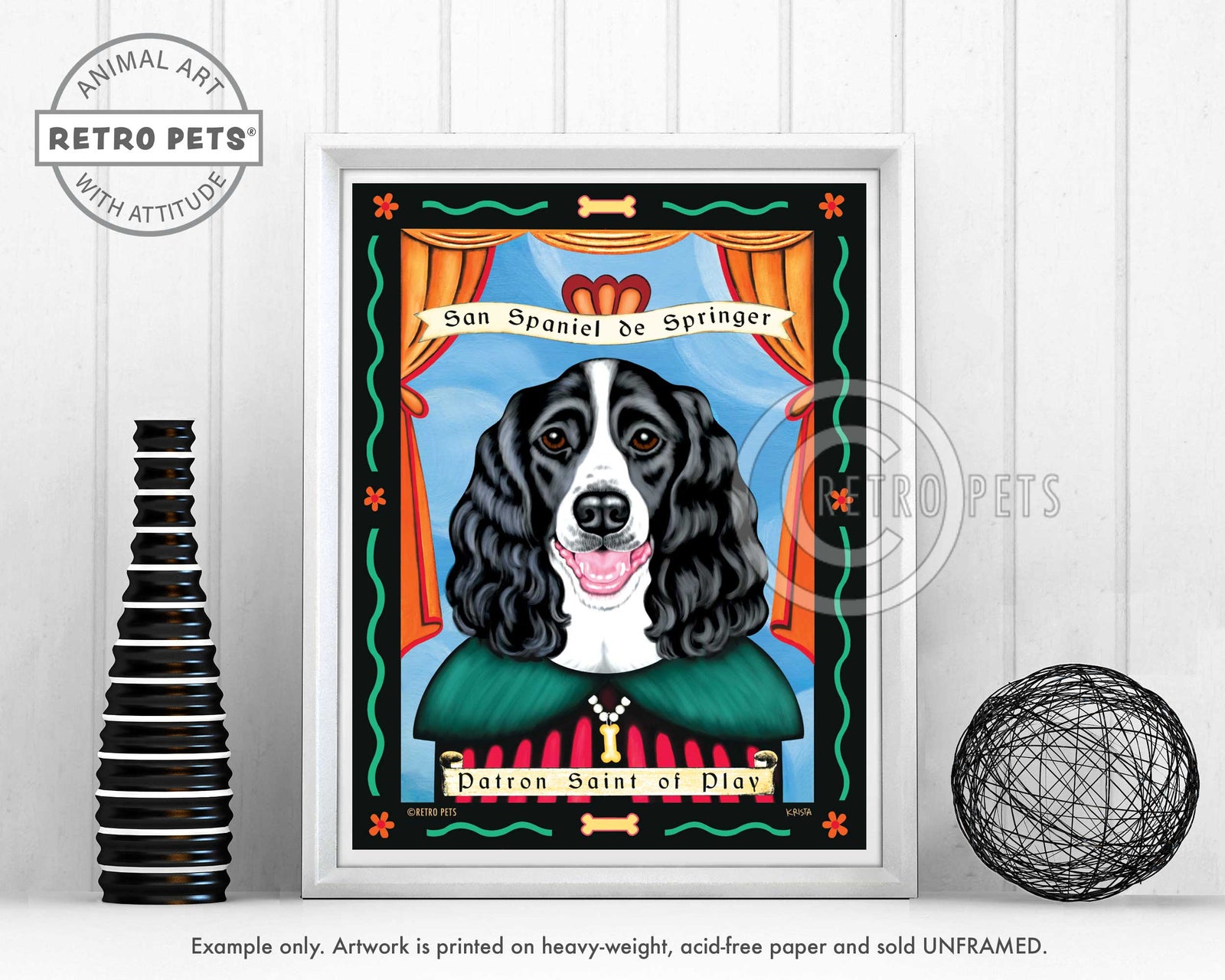 Springer Spaniel Art - B/W "Patron Saint of Play" Art Print by Krista Brooks
