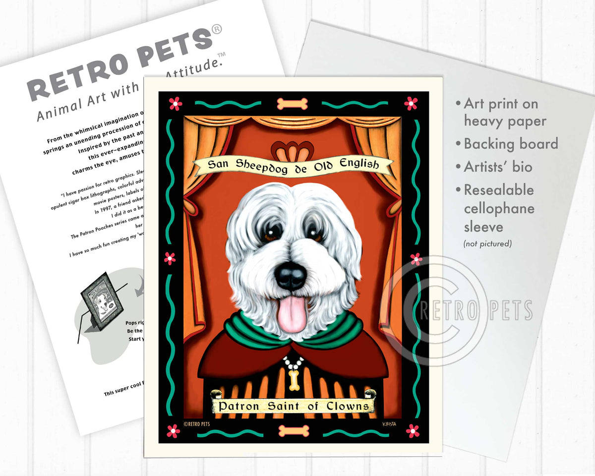 Old English Sheepdog Art "Patron Saint of Clowns" Art Print by Krista Brooks