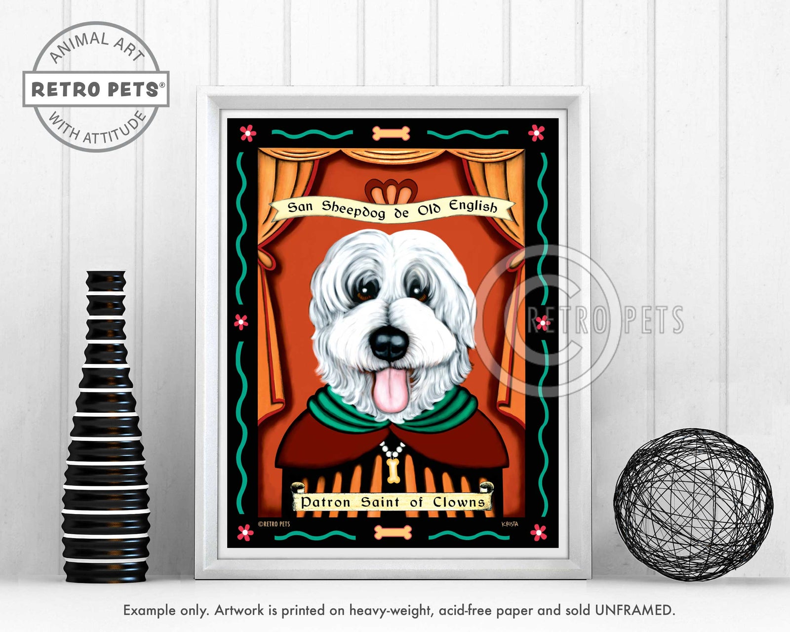 Old English Sheepdog Art "Patron Saint of Clowns" Art Print by Krista Brooks