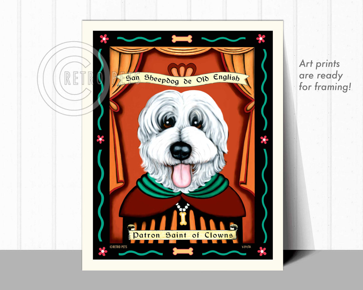 Old English Sheepdog Art "Patron Saint of Clowns" Art Print by Krista Brooks