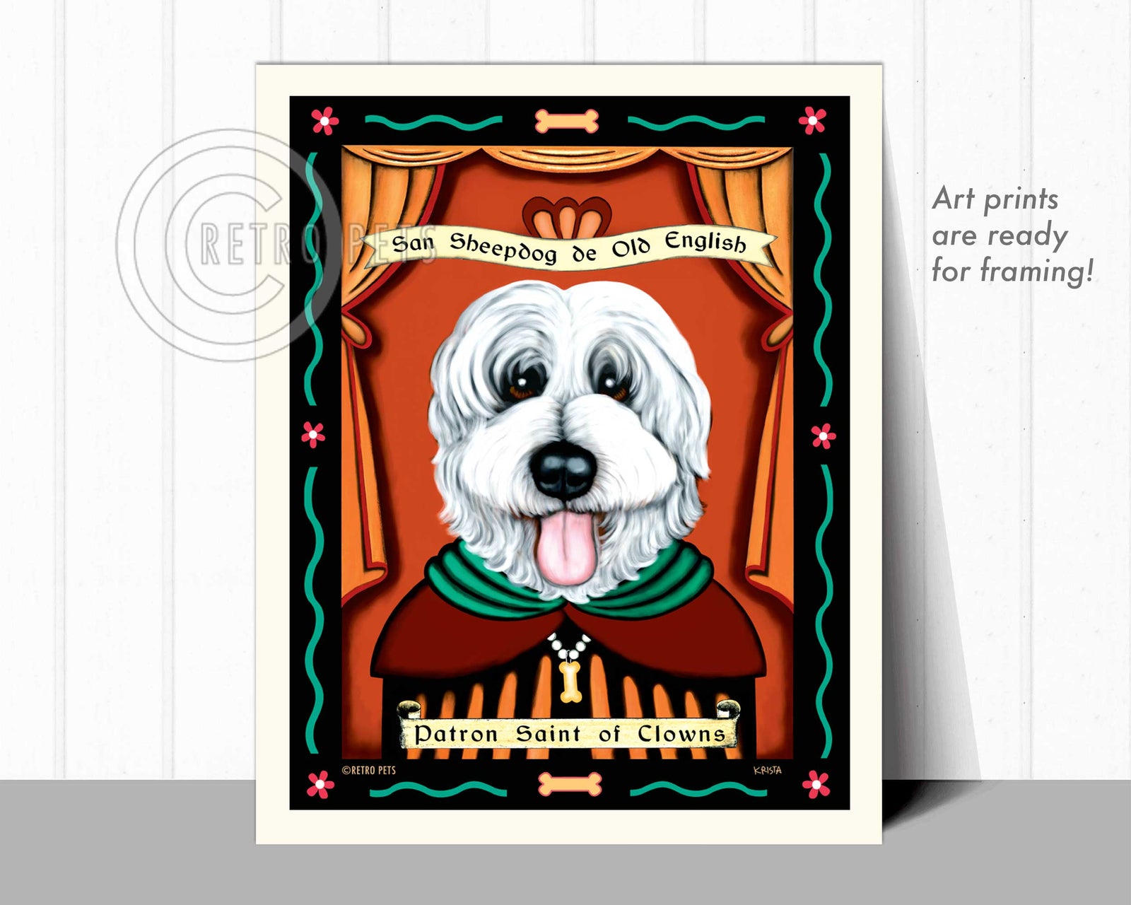 Old English Sheepdog Art "Patron Saint of Clowns" Art Print by Krista Brooks
