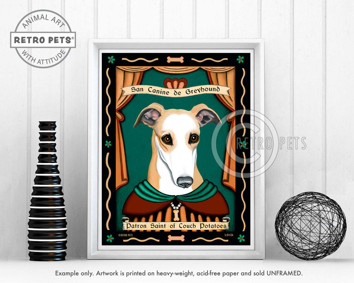 Greyhound Art "Patron Saint of Couch Potatoes" Art Print by Krista Brooks
