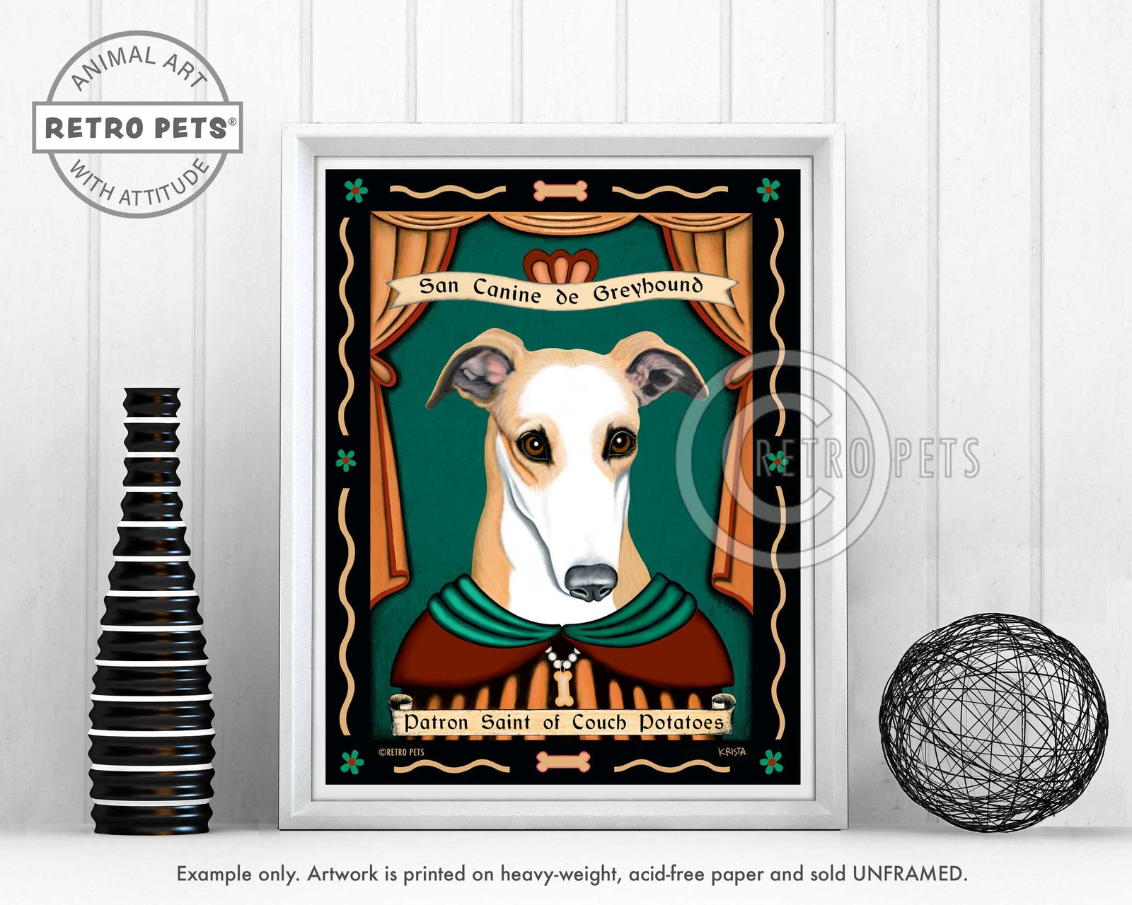 Greyhound Art "Patron Saint of Couch Potatoes" Art Print by Krista Brooks