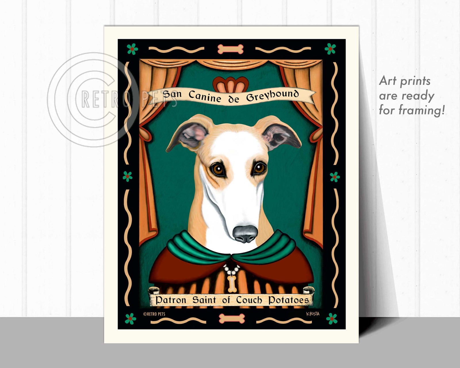 Greyhound Art "Patron Saint of Couch Potatoes" Art Print by Krista Brooks