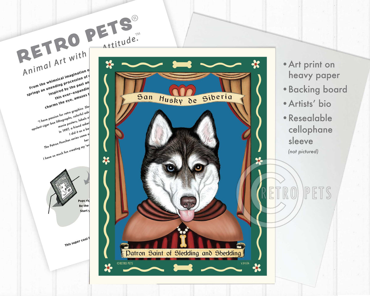 Siberian Husky Art - Blue/Brown Eyes "Saint of Sledding & Shedding" Art Print by Krista Brooks