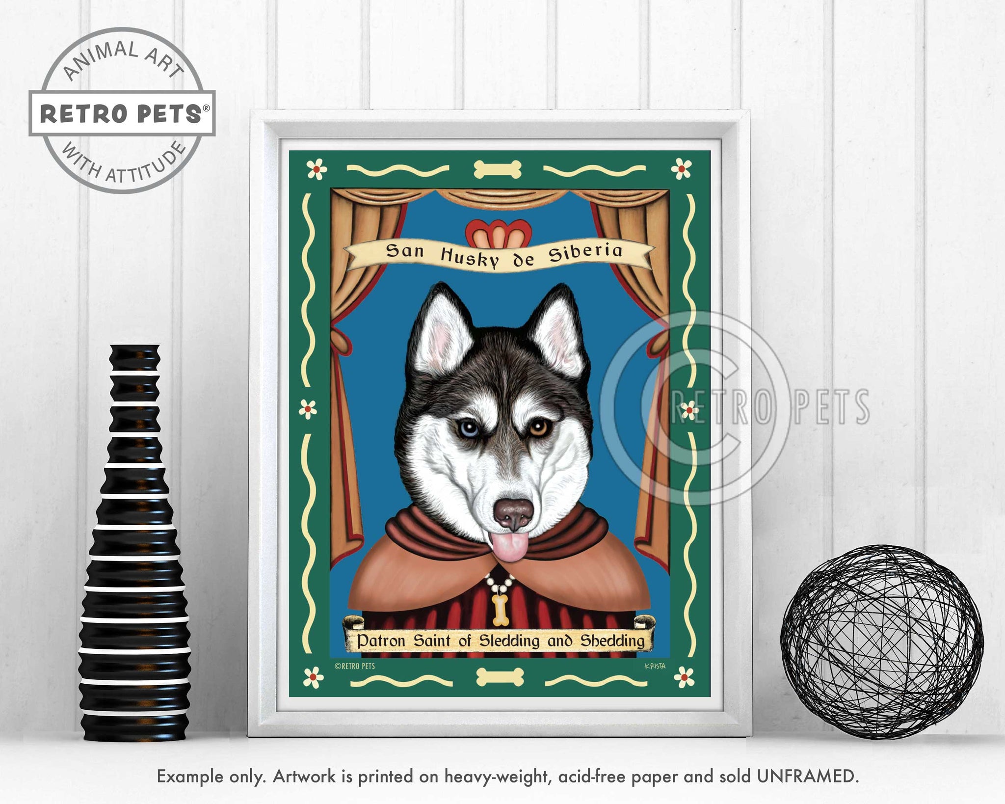 Siberian Husky Art - Blue/Brown Eyes "Saint of Sledding & Shedding" Art Print by Krista Brooks