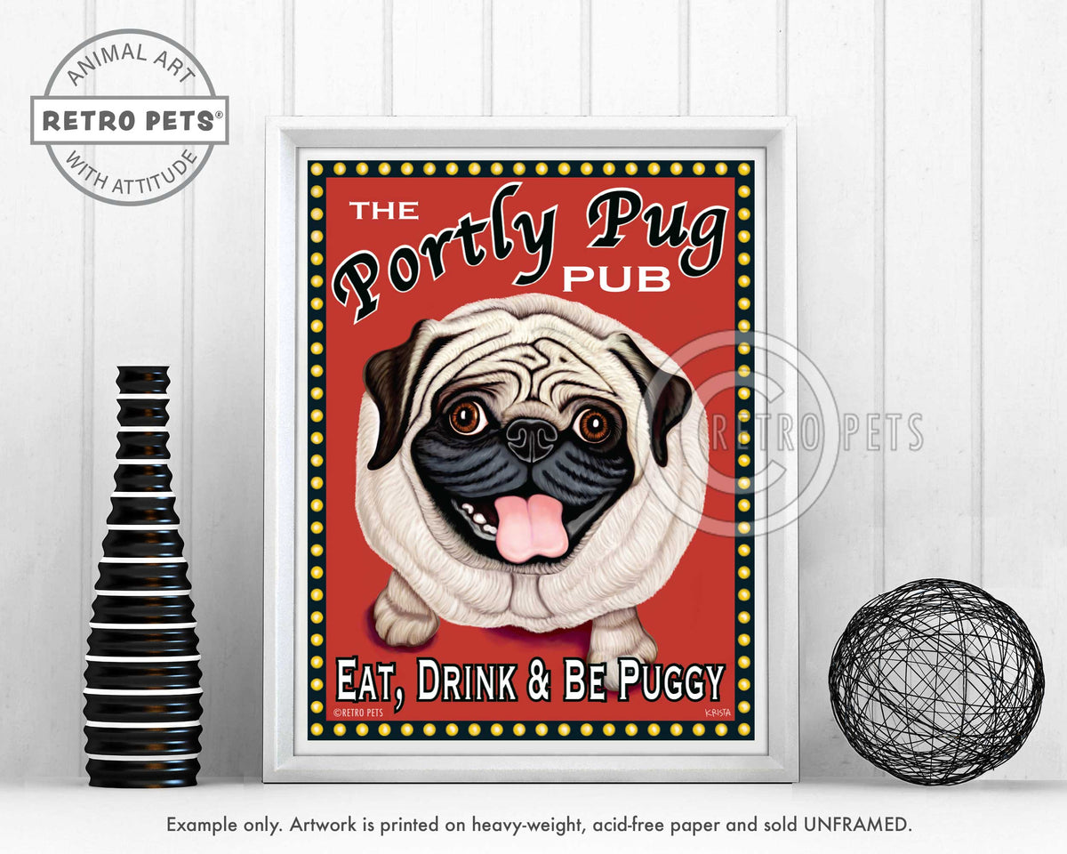 Portly Pug Pub | Pet Pug Art Mug Print | Retro Pets Art