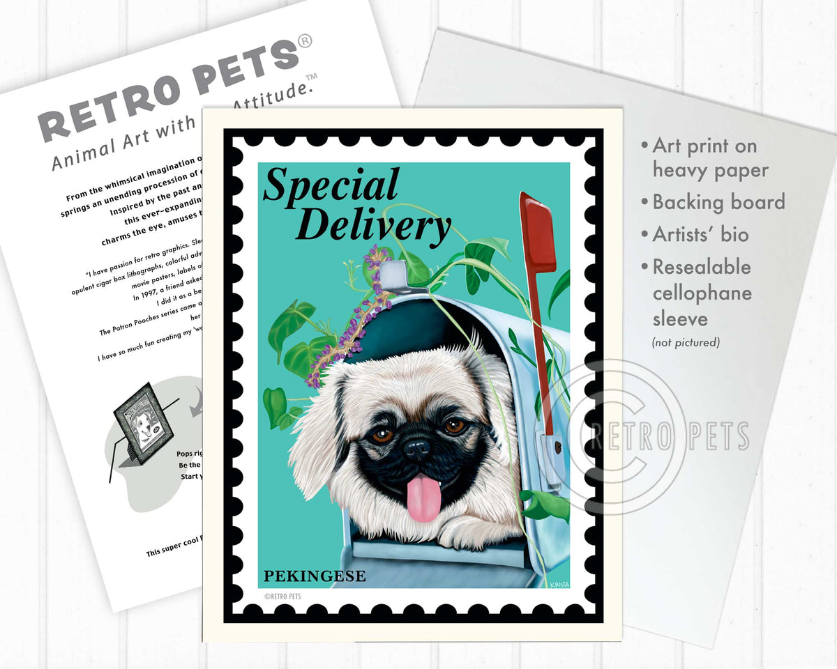 Pekingese Art "Special Delivery Pekingese" Art Print by Krista Brooks