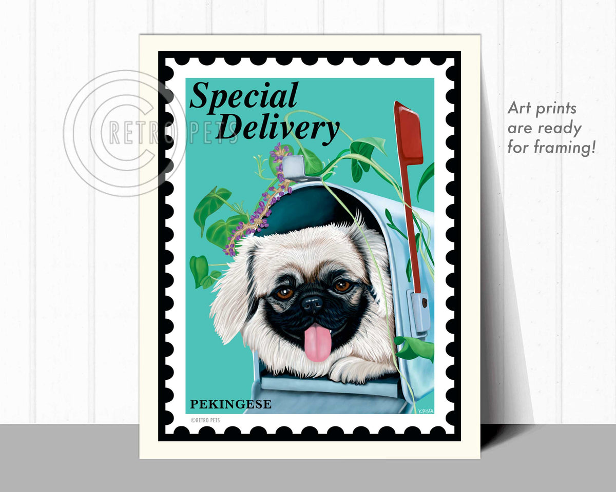 Pekingese Art "Special Delivery Pekingese" Art Print by Krista Brooks