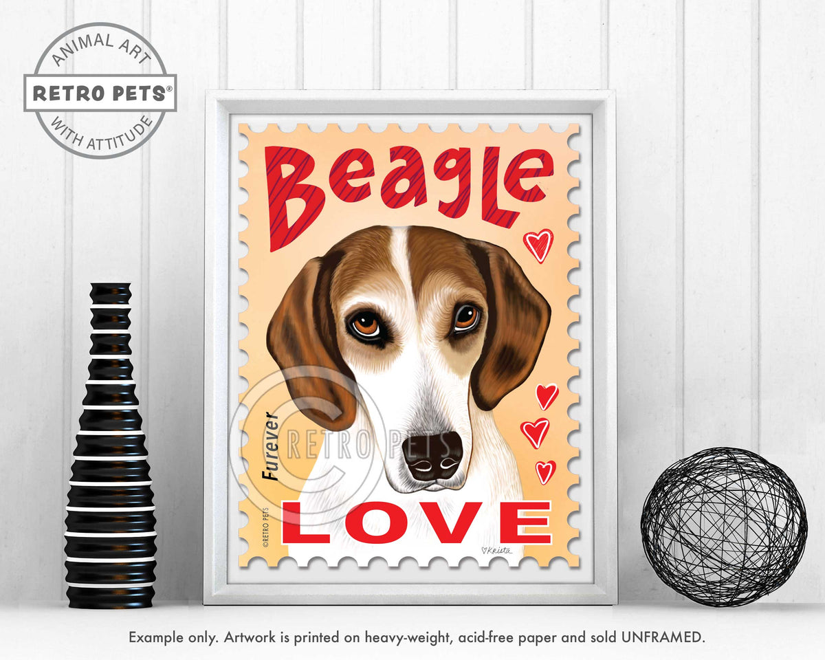 Beagle Art, Beagle Gifts, Beagle Wall Art, Beagle LOVE Stamp  UNFRAMED but shown in frame as example