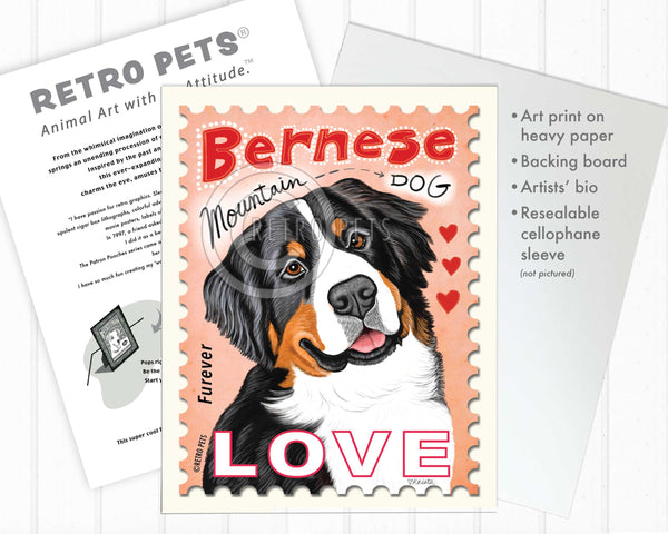 Bernese Mountain Dog Art, Bernese Gifts, Bernese Art Print, comes with backing board and artist bio on a cellophane sleeve