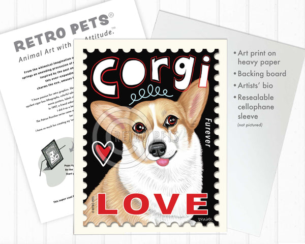 Corgi Art, Corgi Gifts, Corgi Wall Art, Corgi Postage Stamp, Art Print by Krista Brooks | Retro Pets
