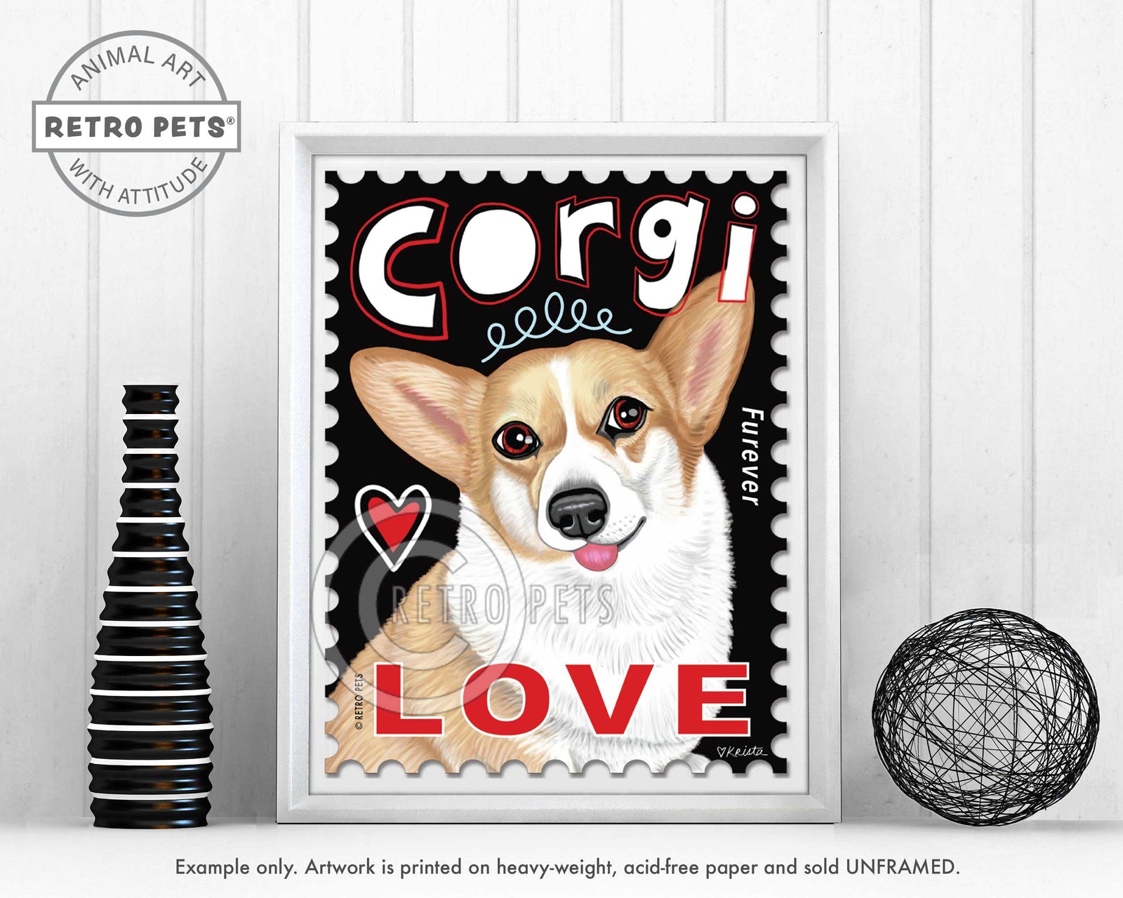 Corgi Art, Corgi Gifts, Corgi Wall Art, Corgi Postage Stamp, Art Print by Krista Brooks | Retro Pets