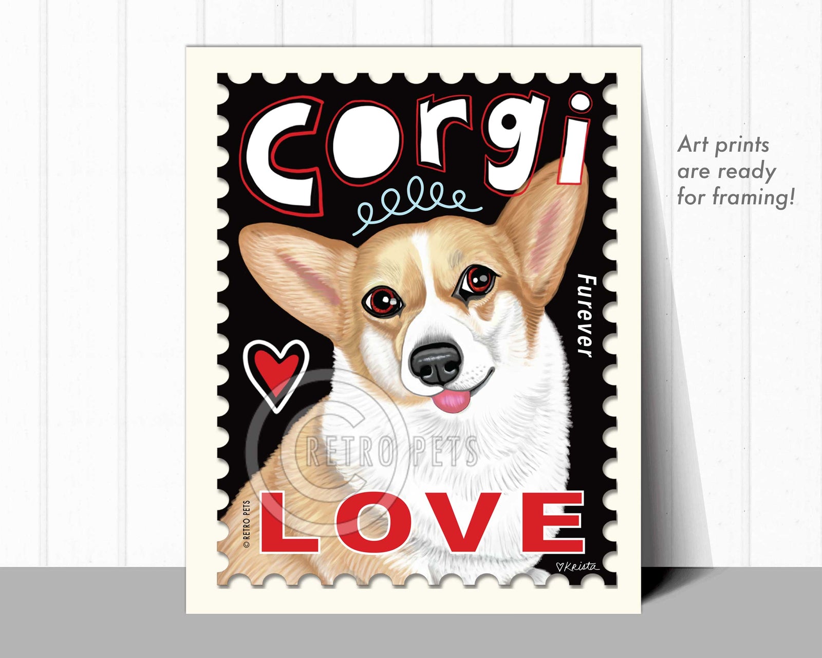 Corgi Art, Corgi Gifts, Corgi Wall Art, Corgi Postage Stamp, Art Print by Krista Brooks | Retro Pets