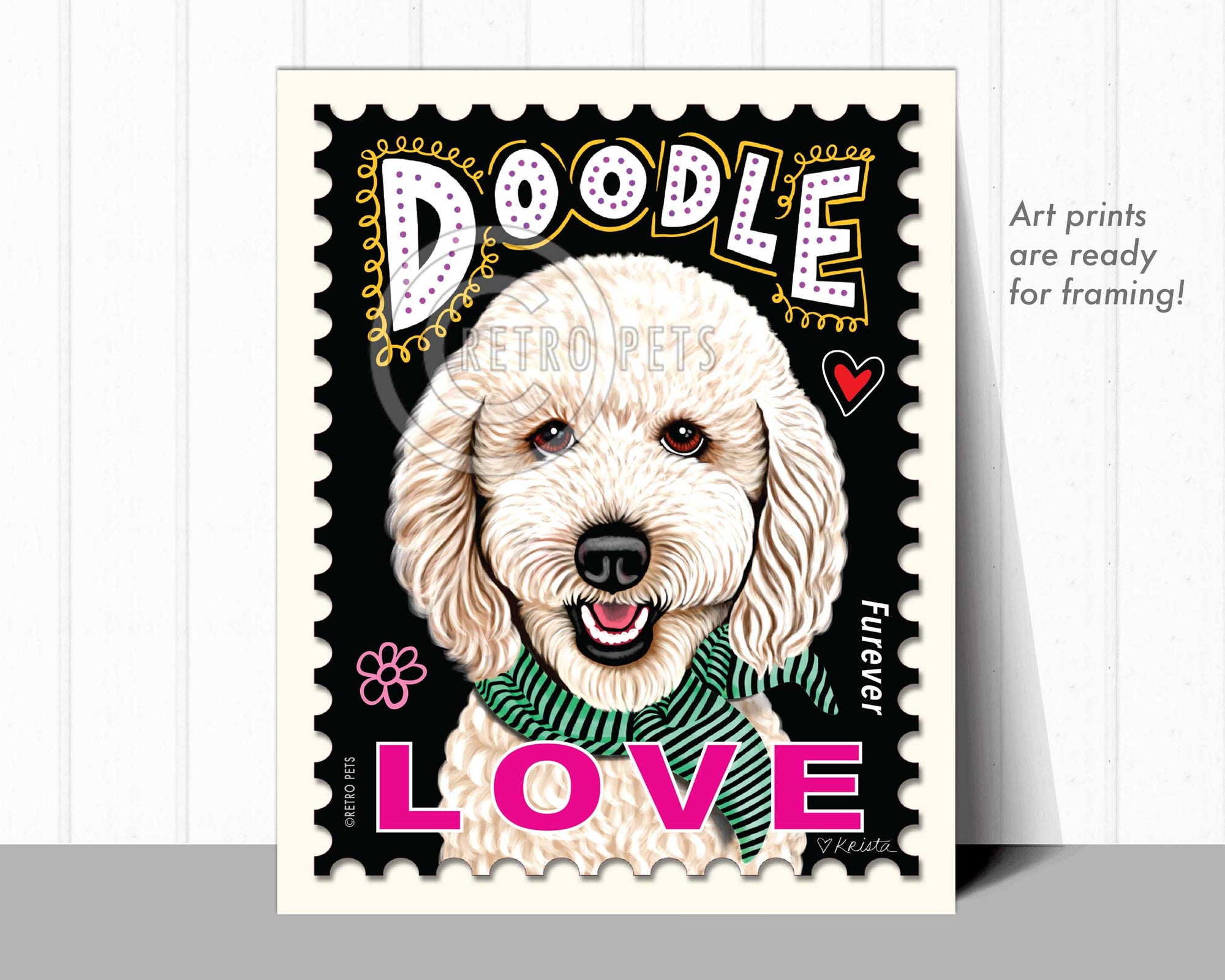 Doodle Art, Goldendoodle Art, Goldendoodle Gifts, Doodle LOVE Stamp | Retro Pets