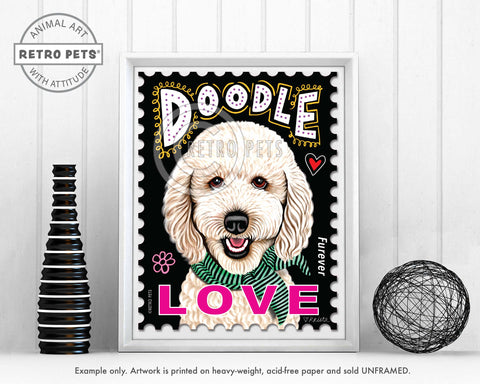 Doodle Art, Goldendoodle Art, Goldendoodle Gifts, Doodle LOVE Stamp | Retro Pets