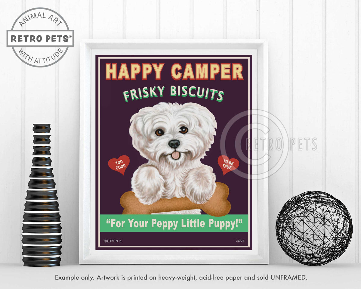 Maltese Art "Happy Camper Frisky Biscuits" Art Print by Krista Brooks
