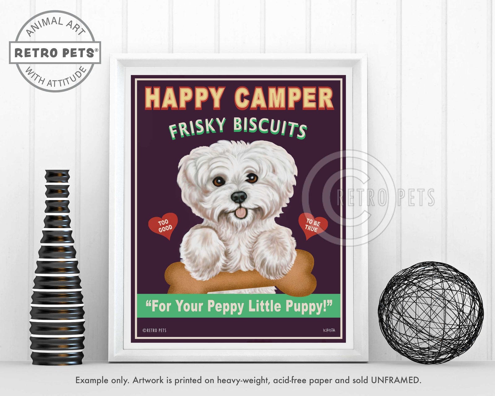 Maltese Art "Happy Camper Frisky Biscuits" Art Print by Krista Brooks