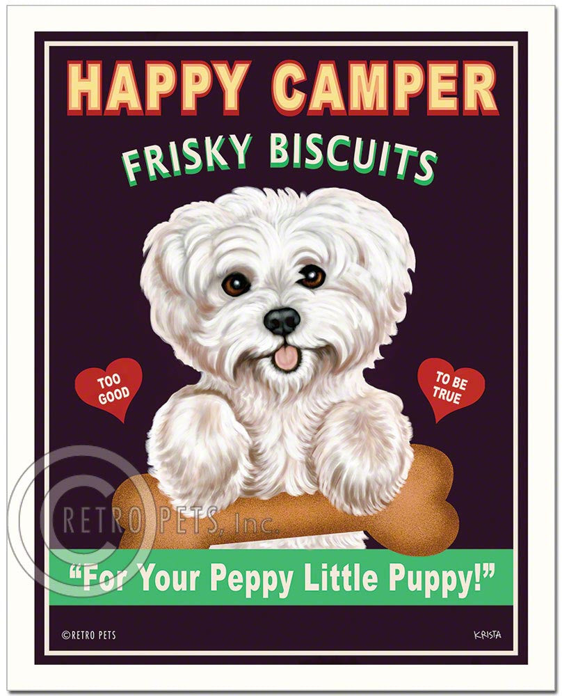 Maltese Art "Happy Camper Frisky Biscuits" Art Print by Krista Brooks