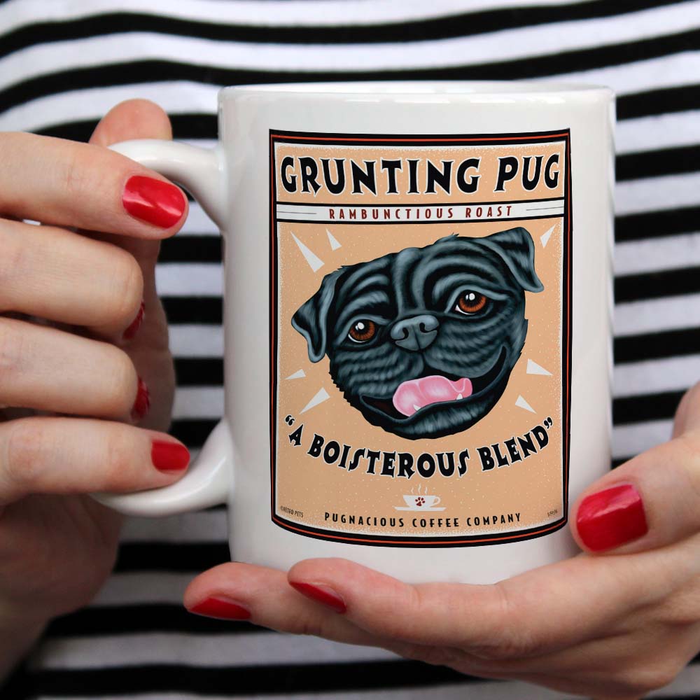 black pug lover gift, black pug coffee mug, pug art