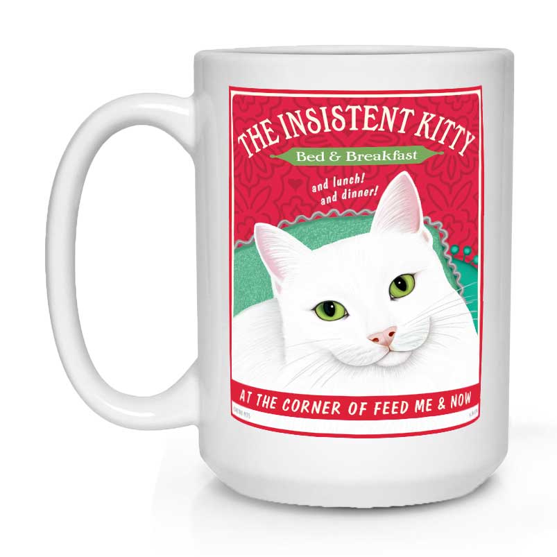 white cat art, insistent kitty, retro pets, gift for cat lover, cat lover gift, coffee mug