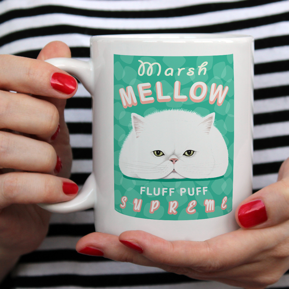 white cat art, persian cat art, marshmallow, cat coffee mug, cat lover gift, gift for cat lover, white persian cat