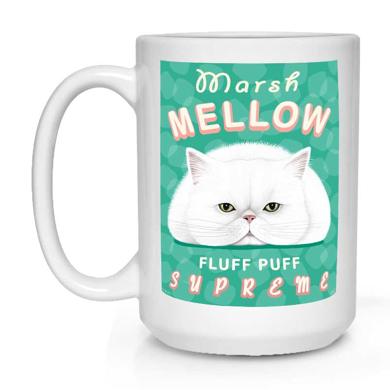 white cat art, persian cat art, marshmallow, cat coffee mug, cat lover gift, gift for cat lover, white persian cat