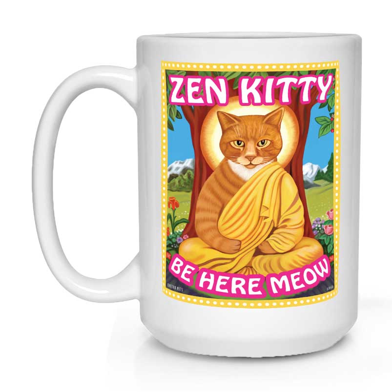 zen kitty, orange cat art, orange tabby, tabby cat art, gift for cat lover, cat lover gift, gift for meditation lover, meditation lover gift, zen coffee mug