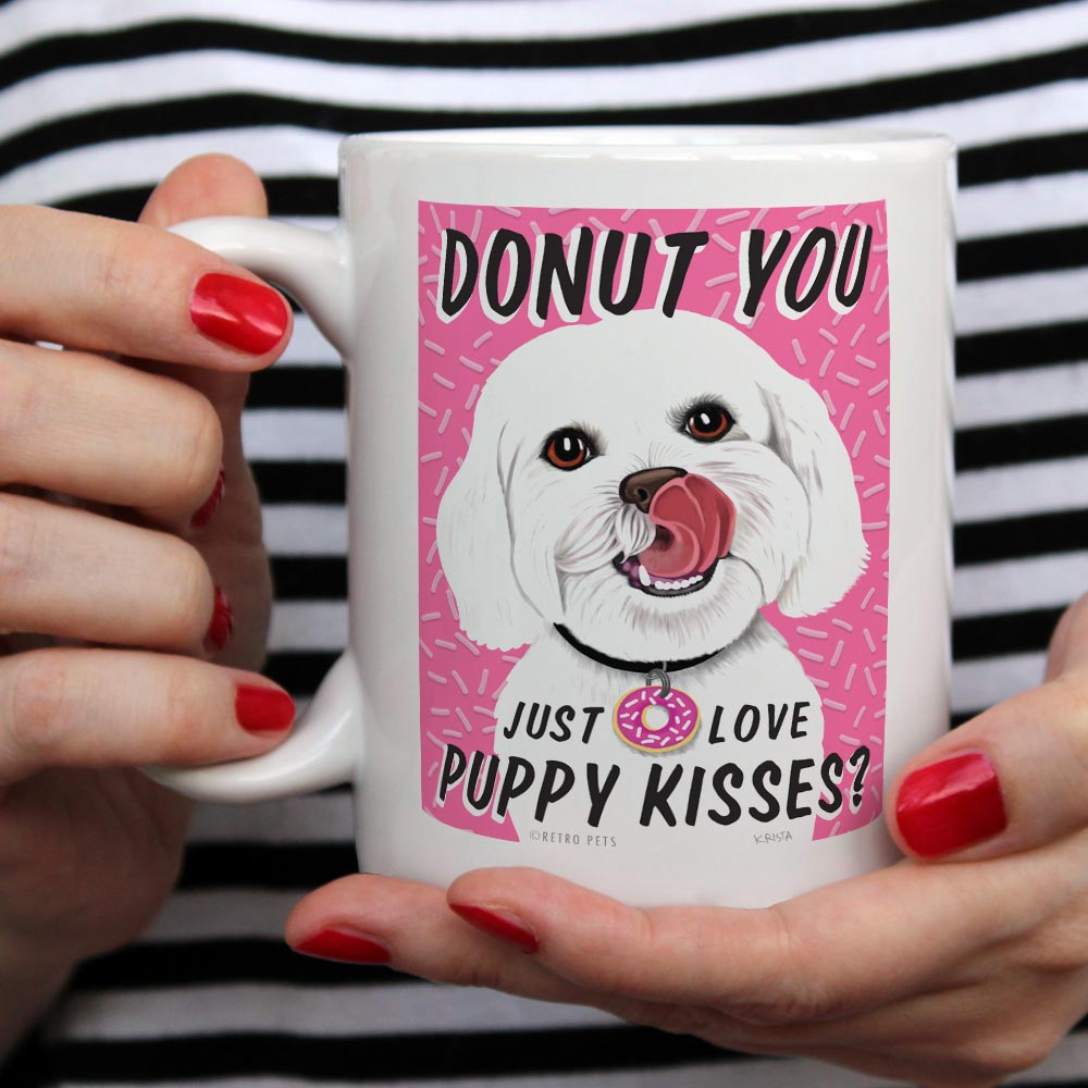 Maltese art, Mal-shi art, malshi art, gift for maltese lover, gift for Malshi lover, maltese lover gift, coffee mug, maltese coffee mug, malshi coffee mug, pink donuts