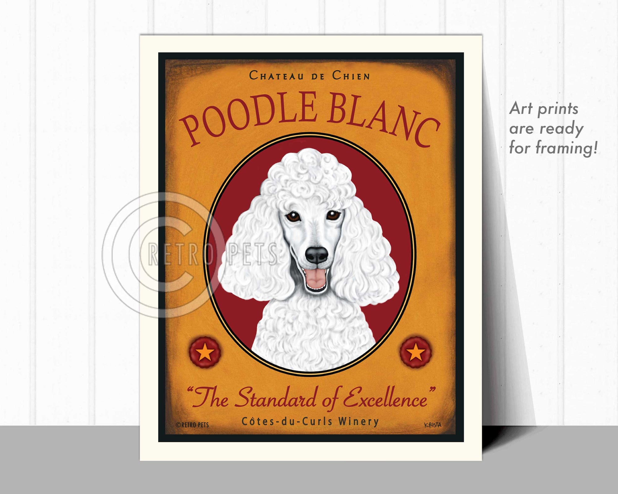 Poodle Art "Poodle Blanc" Faux Wine Label Art Print by Krista Brooks